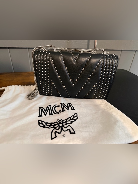 MCM Handbags - MCM Black Leather Studded with Swarovski Crystals Crossbody with Silver Chain